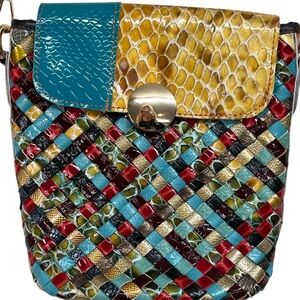 Woven Stamped Leather Crossbody Handbag Bucket Multicolor Patchwork Chaos